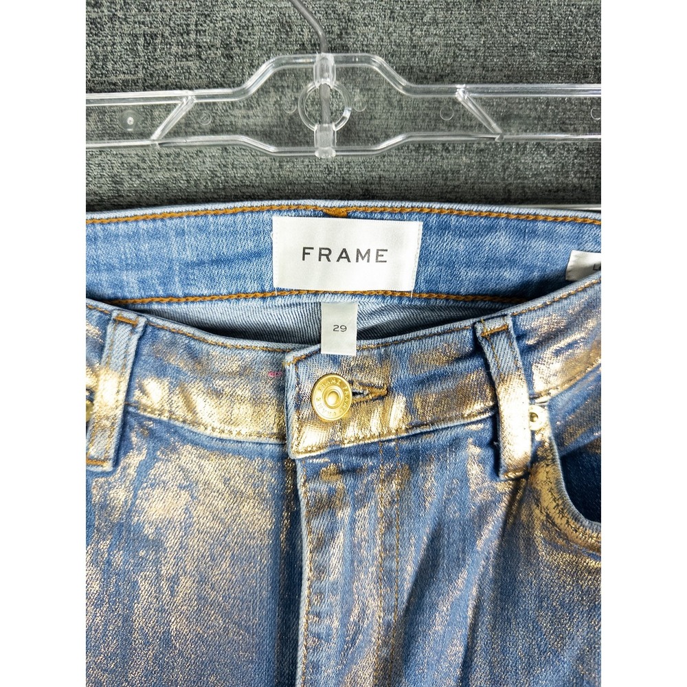 Frame Le Crop Mini Boot Jeans Womens 29 Blue Gold Hologram Metallic Y2K Festival - Picture 2 of 7